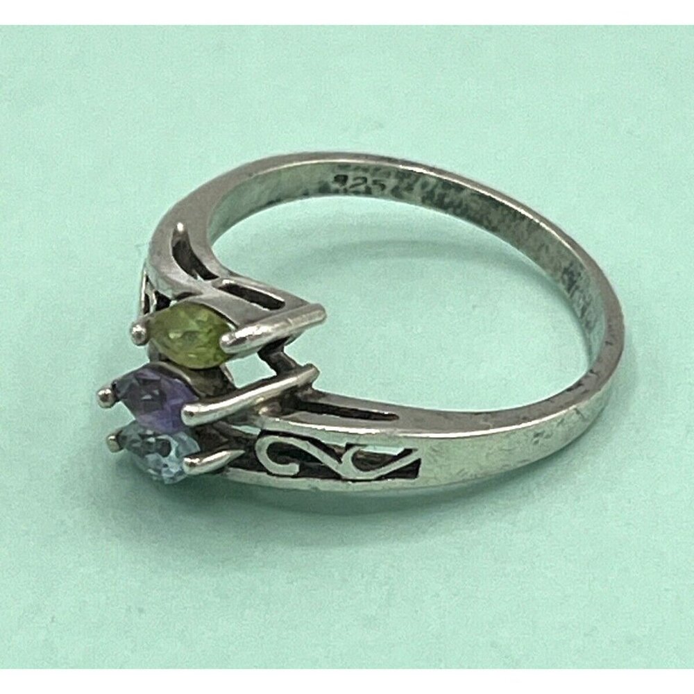 Vintage 925 Sterling Silver Three Stone Marquis Ring Amethyst Peridot Topaz 9.75 - Picture 5 of 6